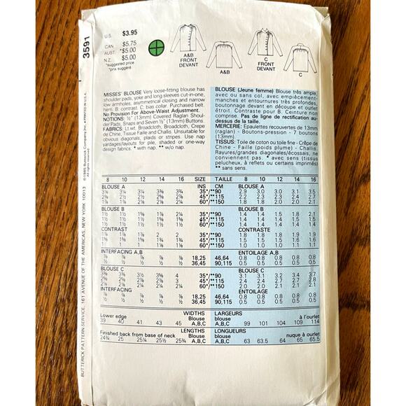 Vintage 1980s Butterick 3591 Sewing Pattern Sz XS 10 Blouse 3 Versions COMPLETE - Picture 2 of 2